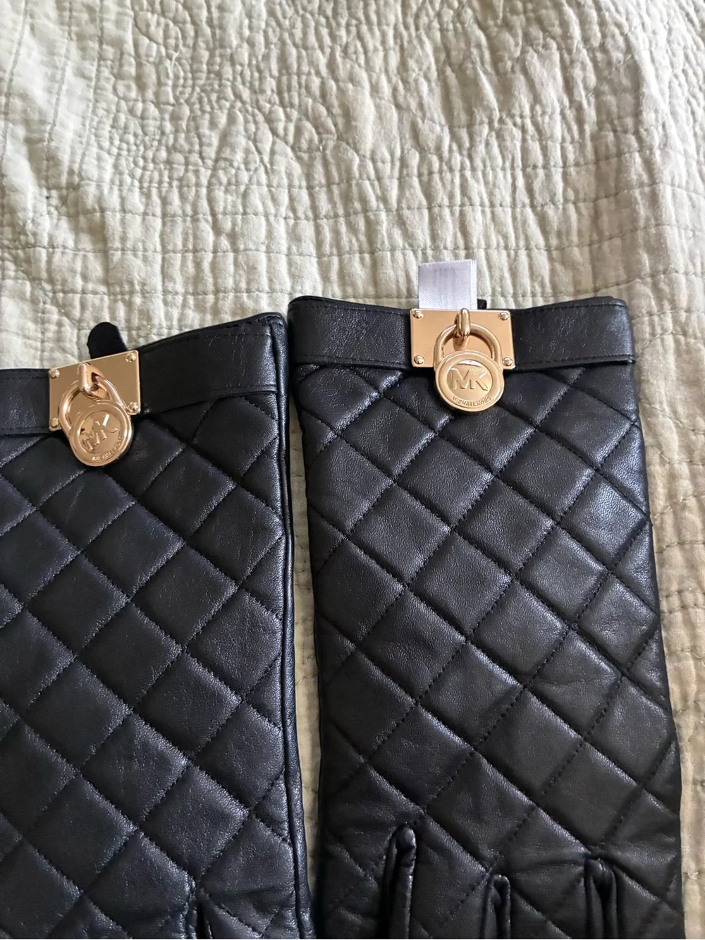 Michael Kors Black Quilted Leather Gloves with Gold MK Accent